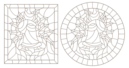 Set of contour illustrations in stained glass style for the new year and christmassanta claus holly branches and ribbons in the frame round and square image ù ùùø øªøµù ùù ù