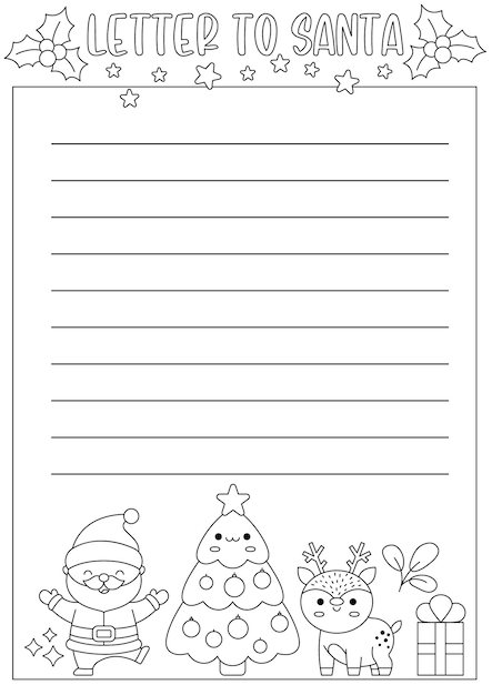 Premium vector vector black and white letter to santa claus template cute line kawaii christmas card design winter holiday frame layout for kids with funny characters festive new year coloring page