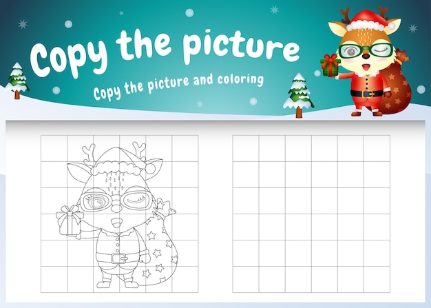 Premium vector copy the picture kids game and coloring page with a cute deer using santa costume