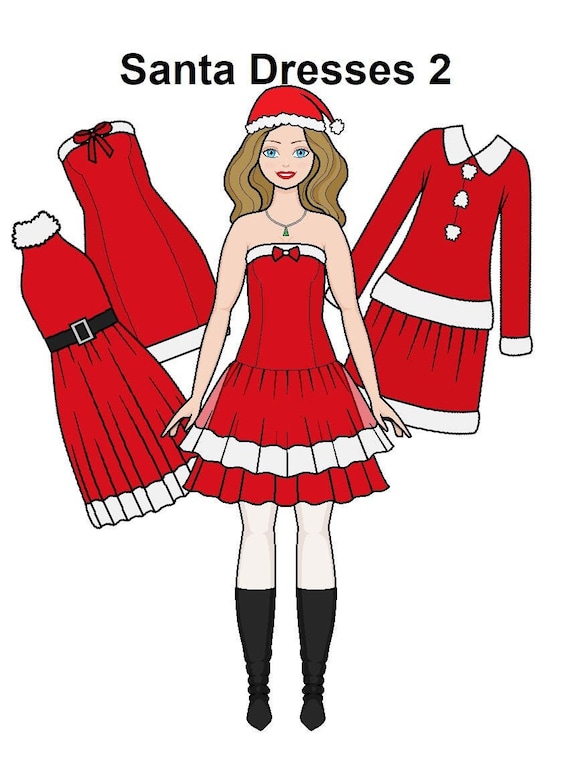 Santa dresses curvy printable paper doll christmas dresses xmas paper doll blonde doll coloring pages instant download