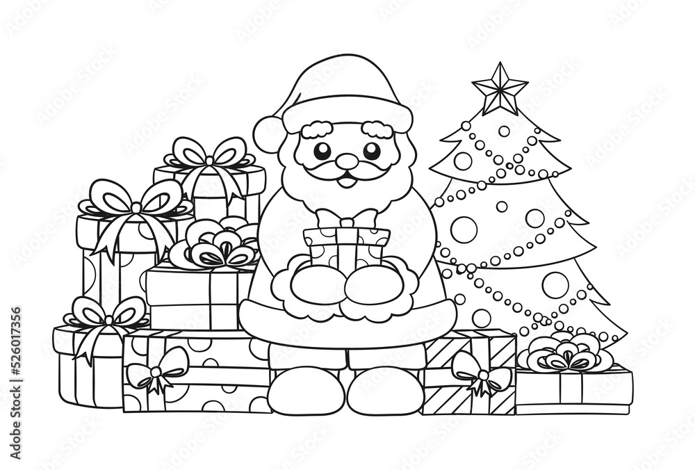 Happy santa claus next to a christmas tree holding a present surrounded by colorful gift boxes line art cartoon illustration coloring book page printable activity worksheet for kids vector