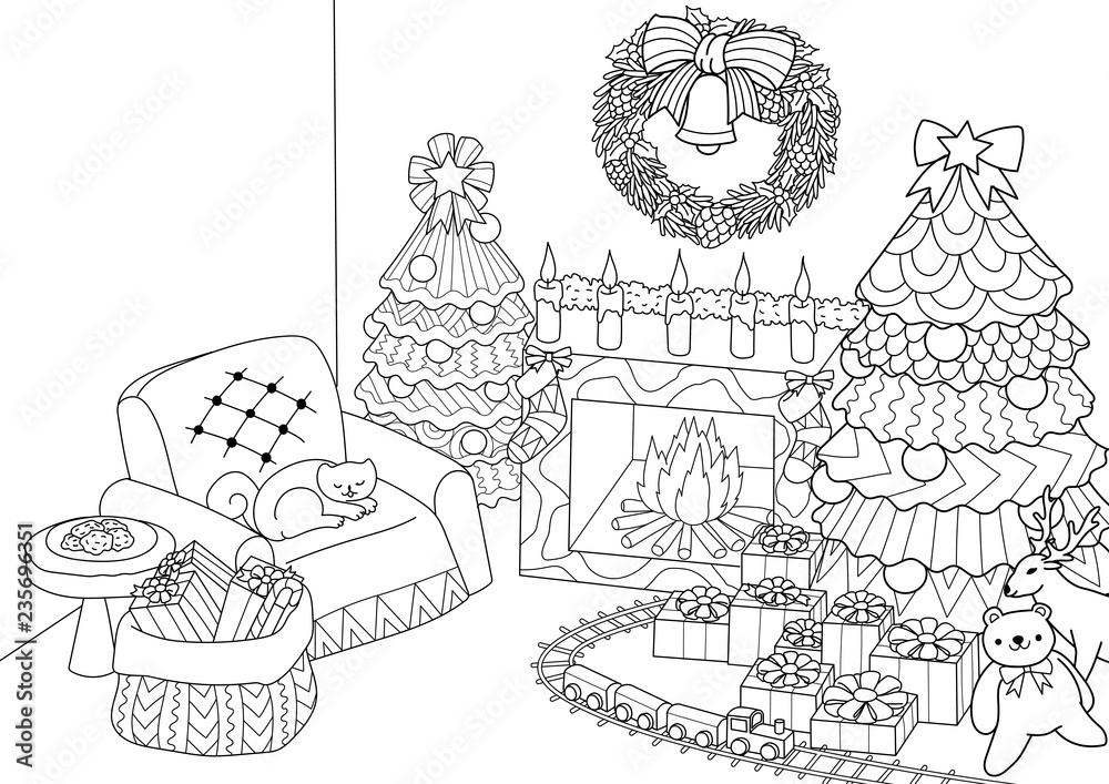 Coloring book coloring page of zentangle stylized christmas treefireplacearmchair for santa clause christmas wreath and presentsvector illustration vector