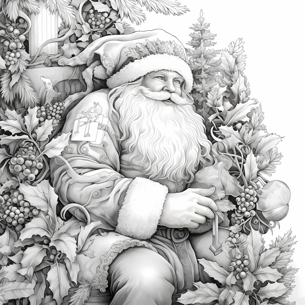 Premium ai image festive delights coloring page with a simple christmas tree and santa