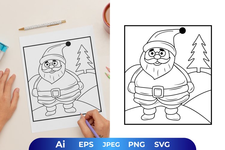 Cute santa and pine tree coloring page