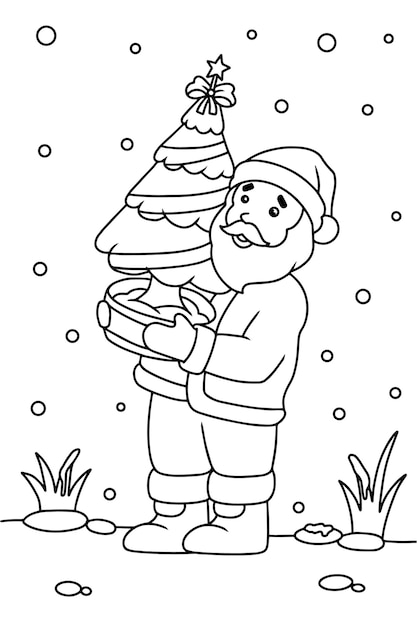 Premium vector santa claus holding christmas tree coloring book illustration vector