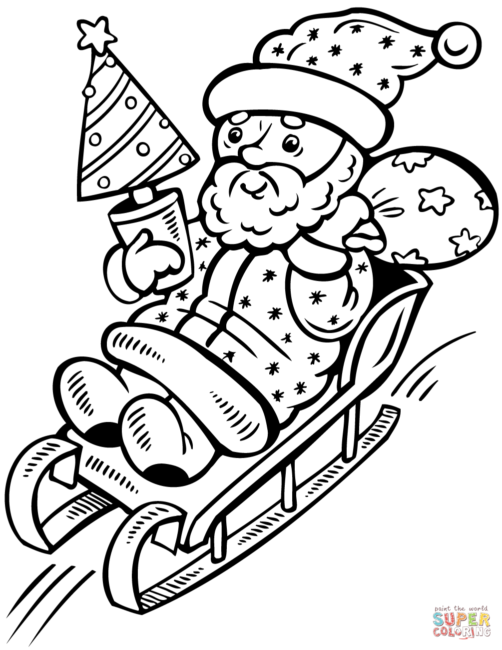Santa claus on sleigh with christmas tree coloring page free printable coloring pages