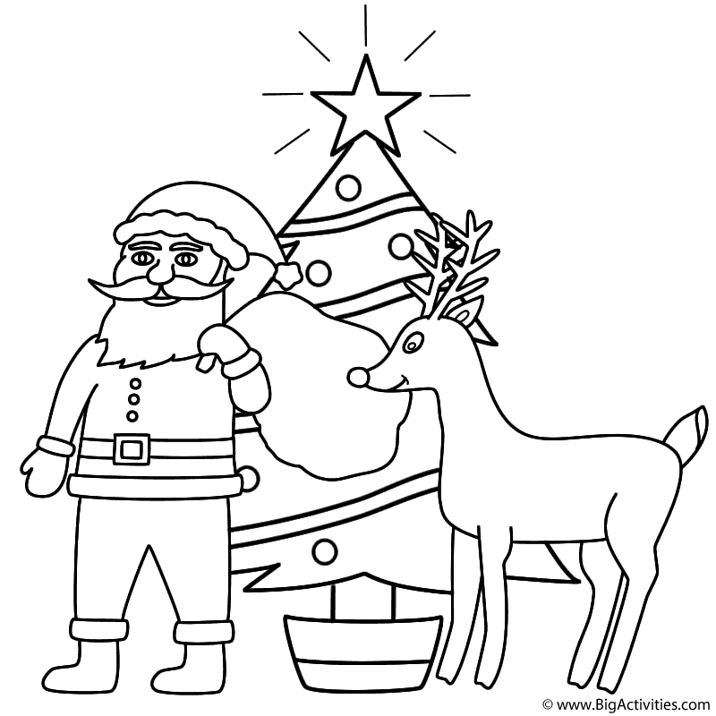 Santa claus with rudolph and christmas tree