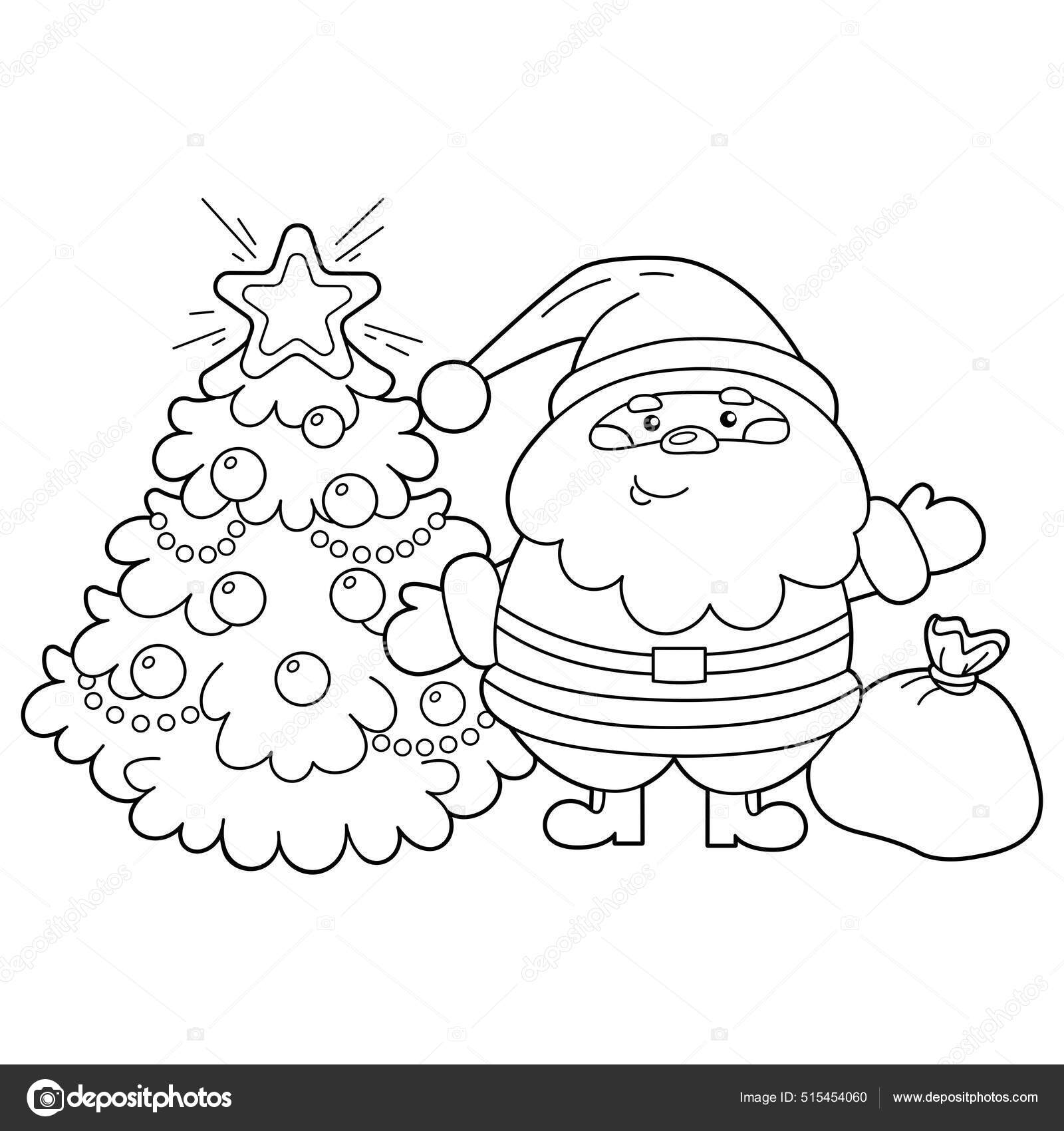 Coloring page outline santa claus gifts bag christmas tree new stock vector by oleon