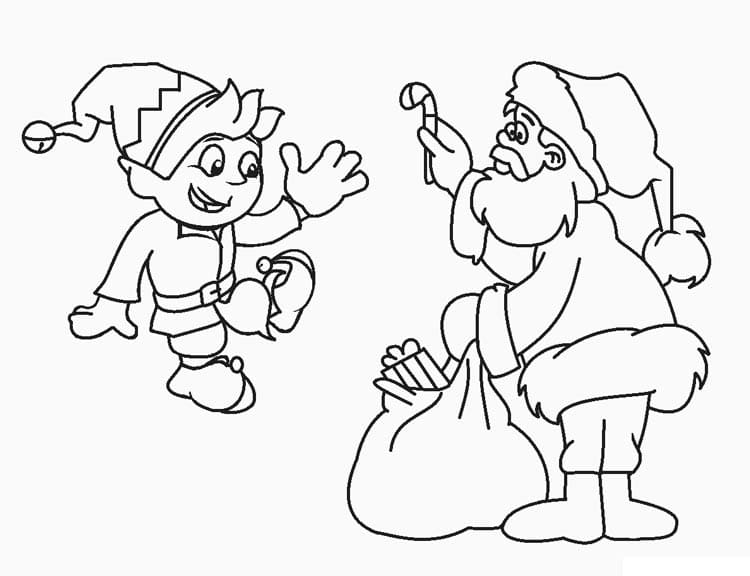 Christmas elf and santa claus coloring page