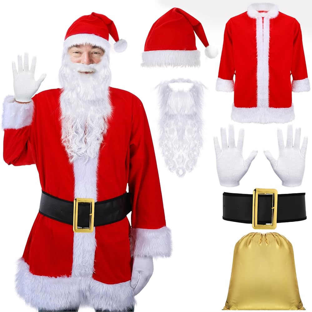 Liitrsh santa claus costume set christmas santa suit adult outfit with black belt hat gloves beard and bag for men womenlarge clothing shoes jewelry