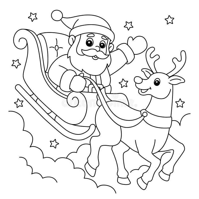 Christmas santa sleigh and reindeer coloring page stock vector