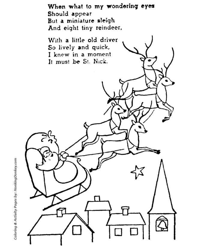 Santas minature sleigh and tiny reindeer coloring page sheet