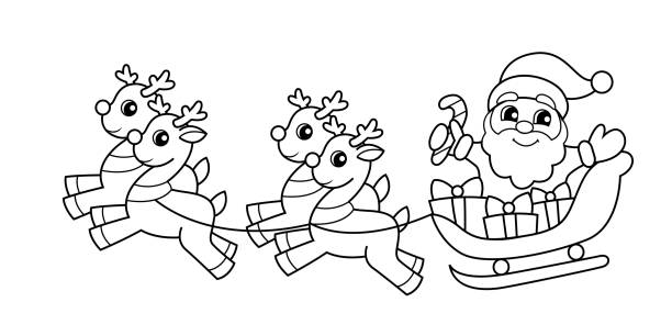 Santa claus flying in sleigh with gifts and reindeer christmas and new year illustration black and white vector illustration for coloring book stock illustration
