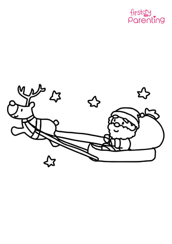 Santa claus in sleigh with reindeer coloring page for kids