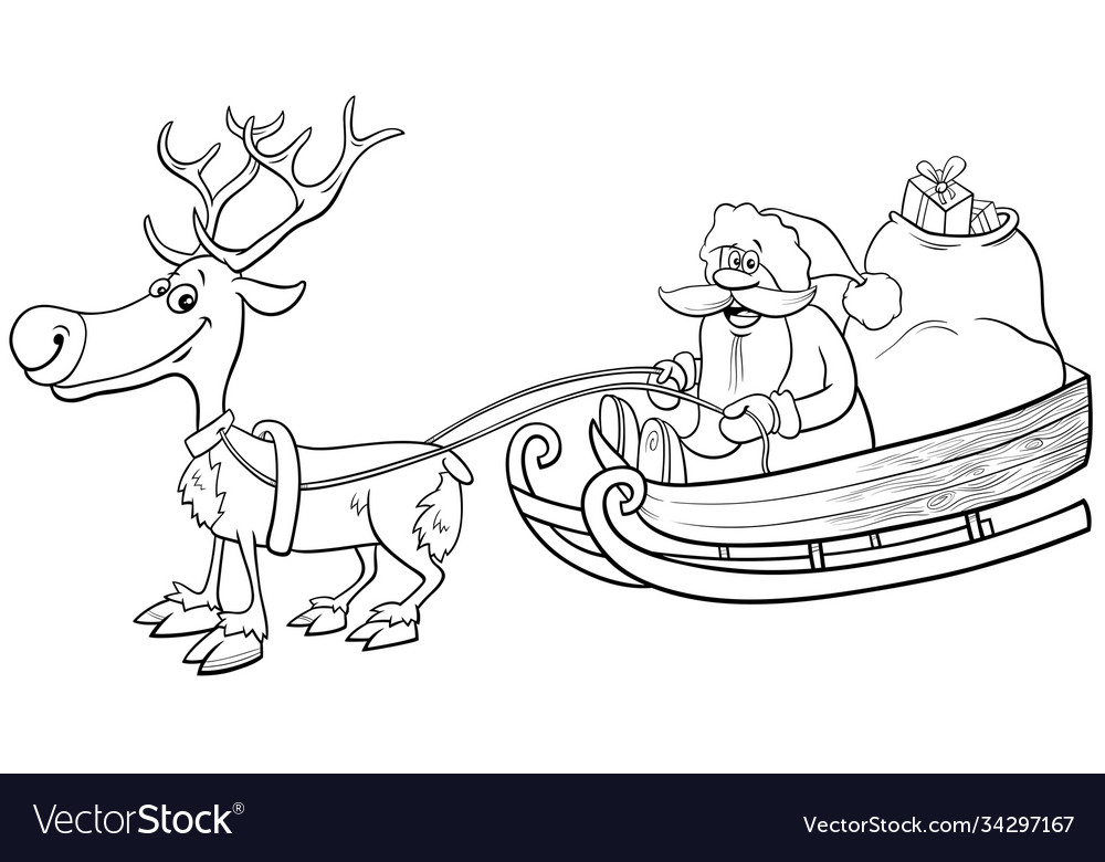 Santa claus on sleigh with reindeer coloring book vector image