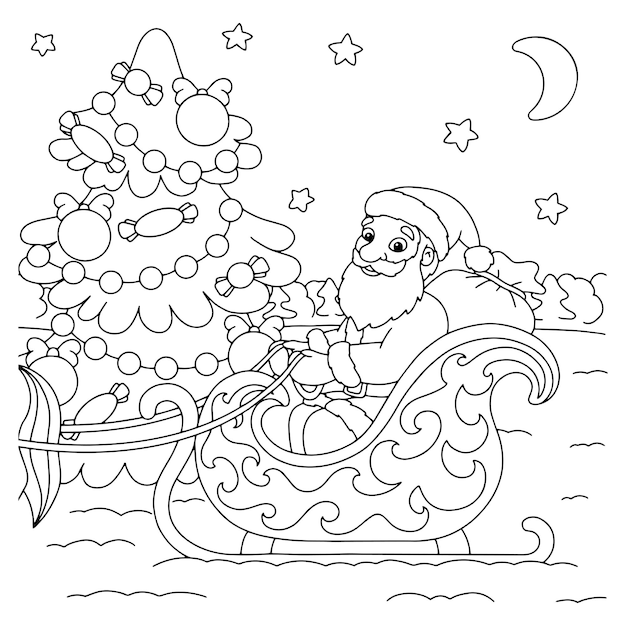 Premium vector santa claus on a christmas sleigh coloring book page for kids cartoon style character