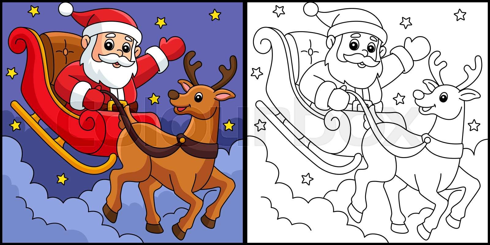 Christmas santa sleigh and reindeer coloring page stock vector