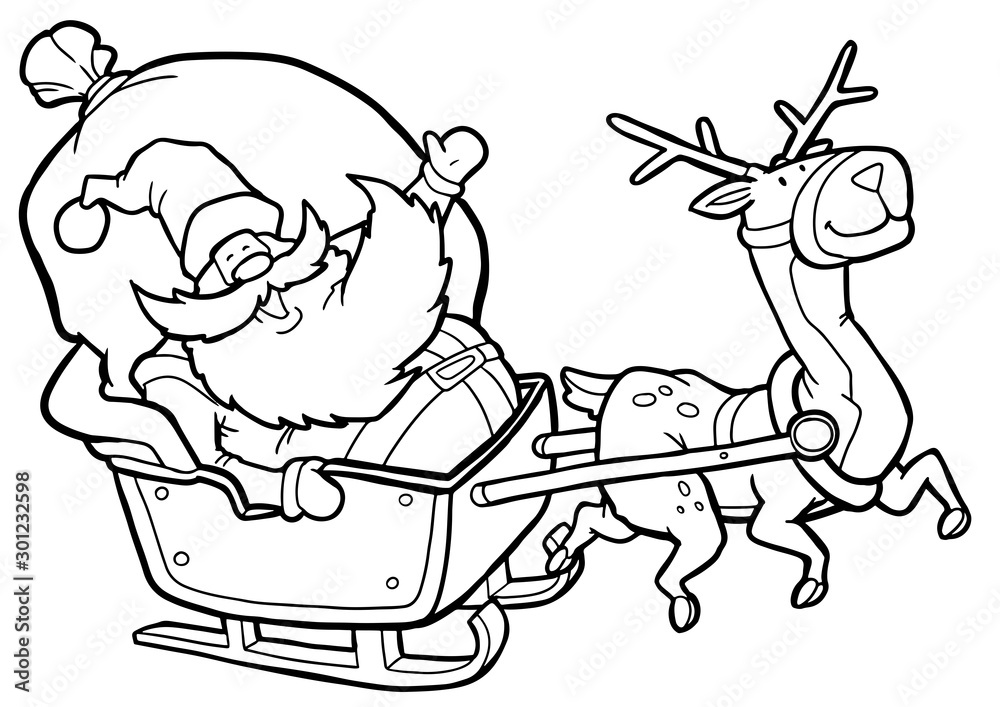 Black and white coloring page outline of a reindeer flying santas sleigh vector