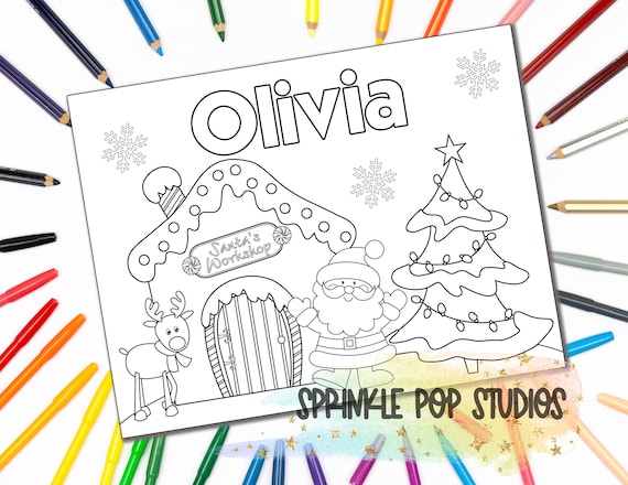 Personalized coloring page santas workshop custom coloring book page with name digital download coloring pages for kids