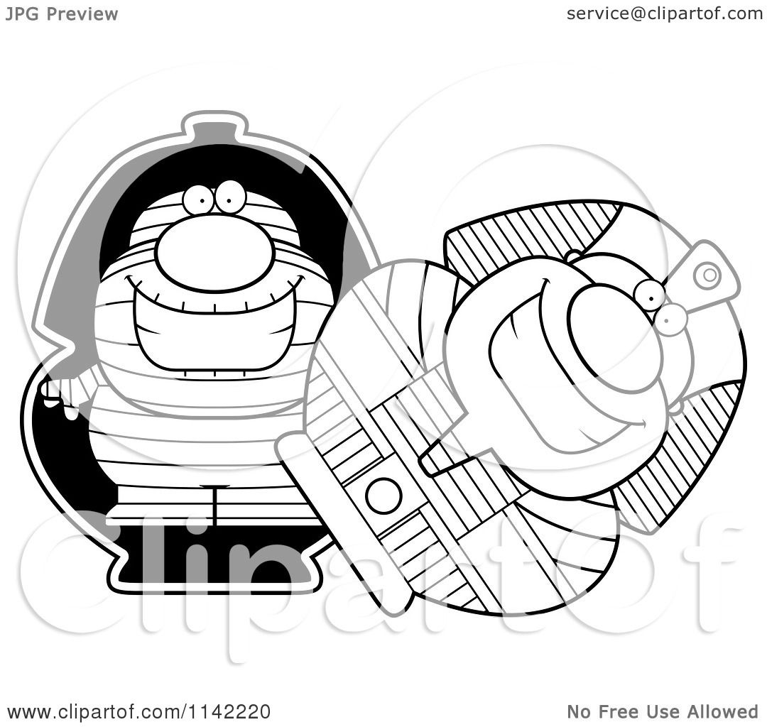 Cartoon clipart of a black and white pudgy mummy in a sarcophagus