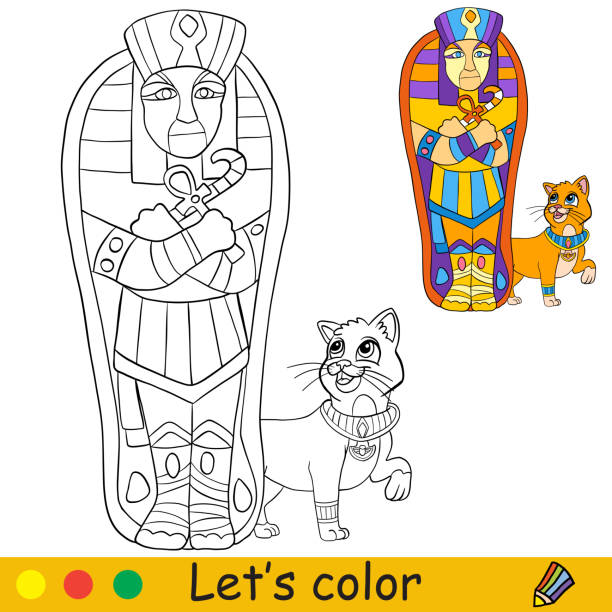 Halloween kids coloring with template egypt cat and sarcophagus stock illustration