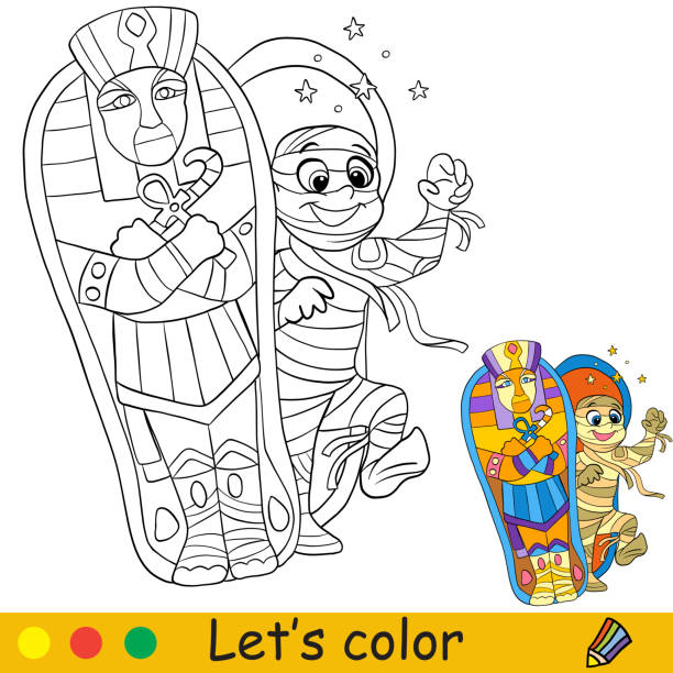 Halloween kids coloring with template mummy es out of a sarcophagus stock illustration