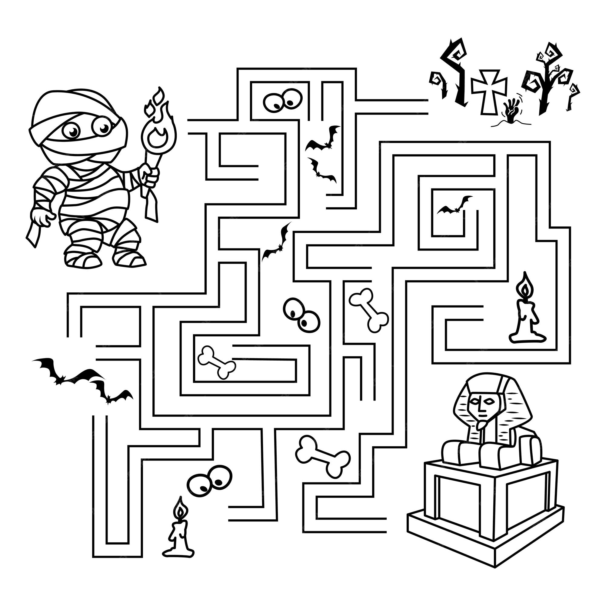 Premium vector puzzle for children labyrinth you need to find the mummys path to the sarcophagus coloring book