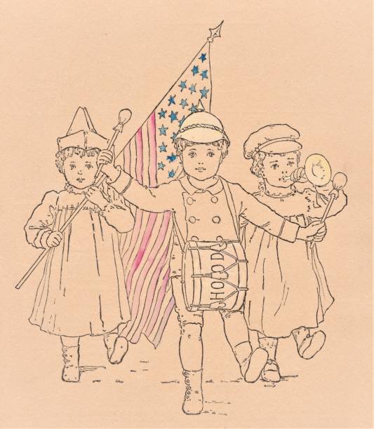 Th of july childrens parade coloring page stock illustration