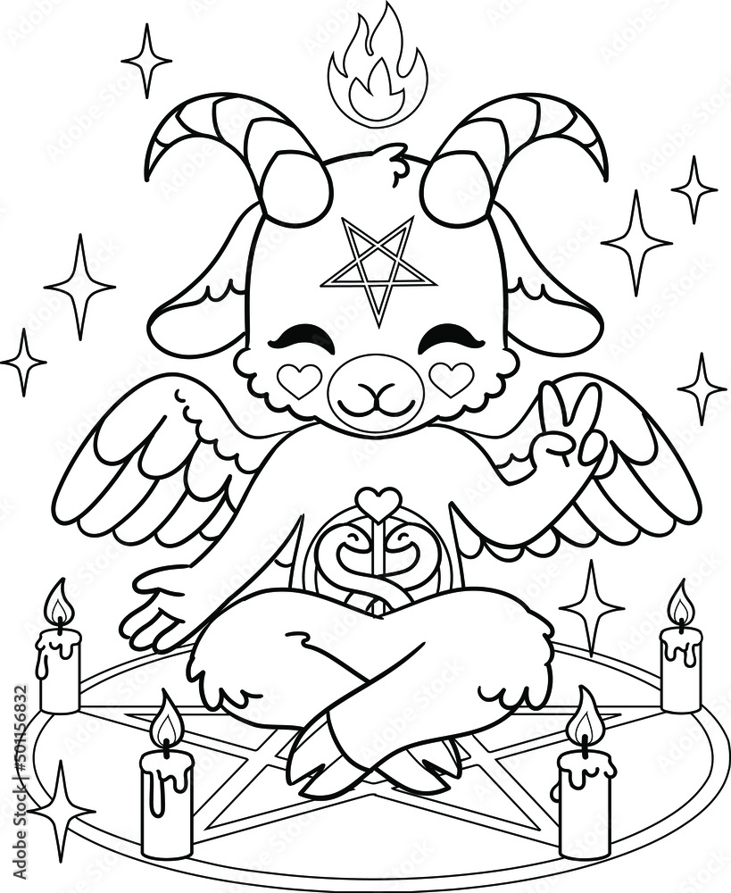 Adorable satanic goat in pentagram vector outline for coloring vector