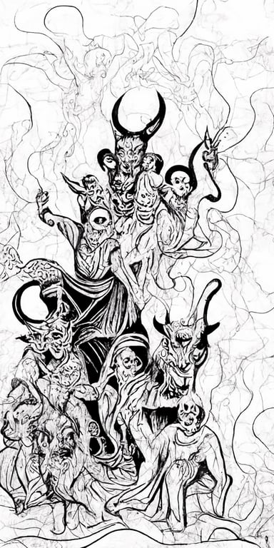 Coloring book page summon demons devils dancing satanic ritual black and white clean solid lines