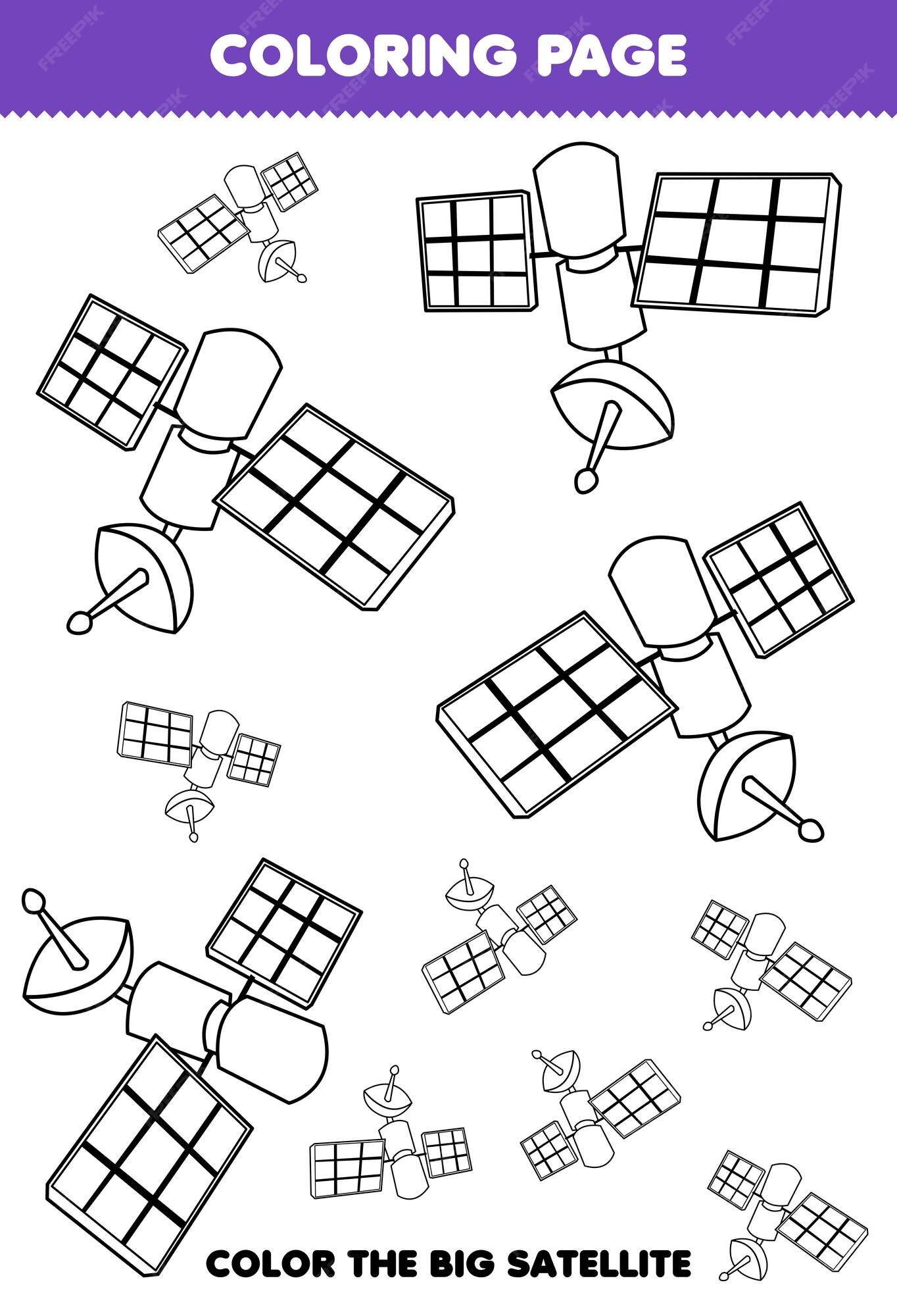 Premium vector education game for children coloring page big or small picture of solar system satellite line art printable worksheet