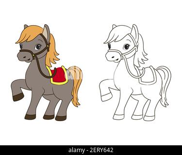 Coloring book for kids little funny horse with red saddle and yellow mane vector illustration cartoon line art sketch stock vector image art