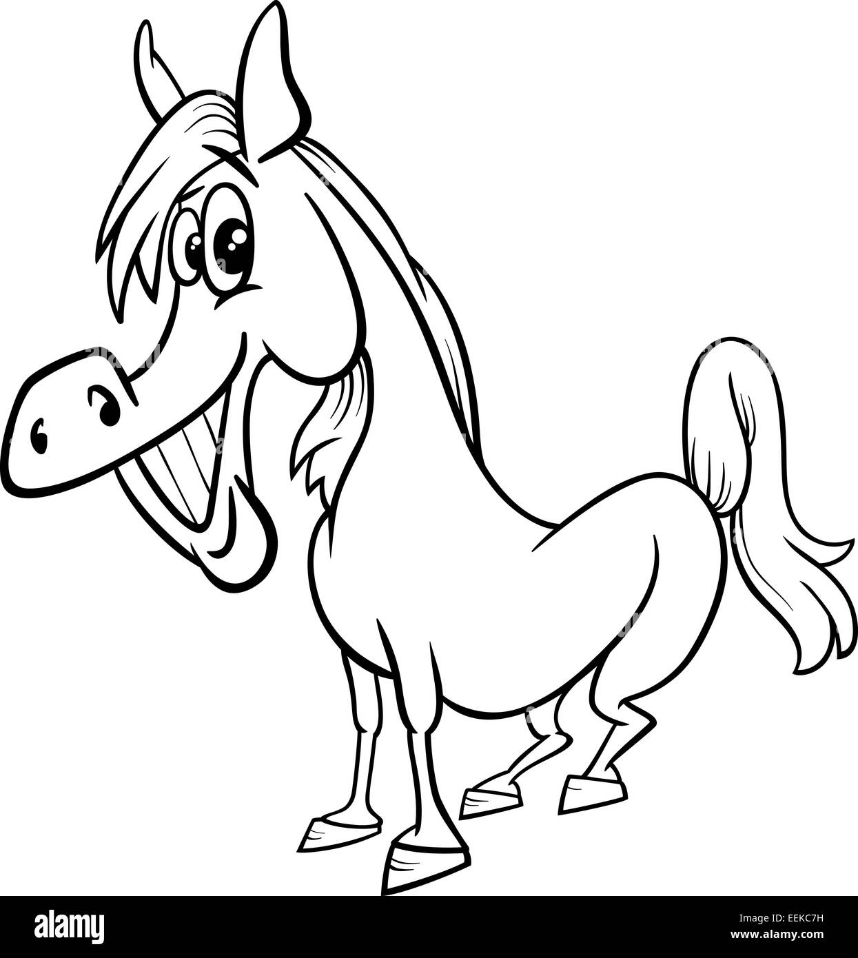 Black and white cartoon illustration of funny horse farm animal for coloring book stock photo