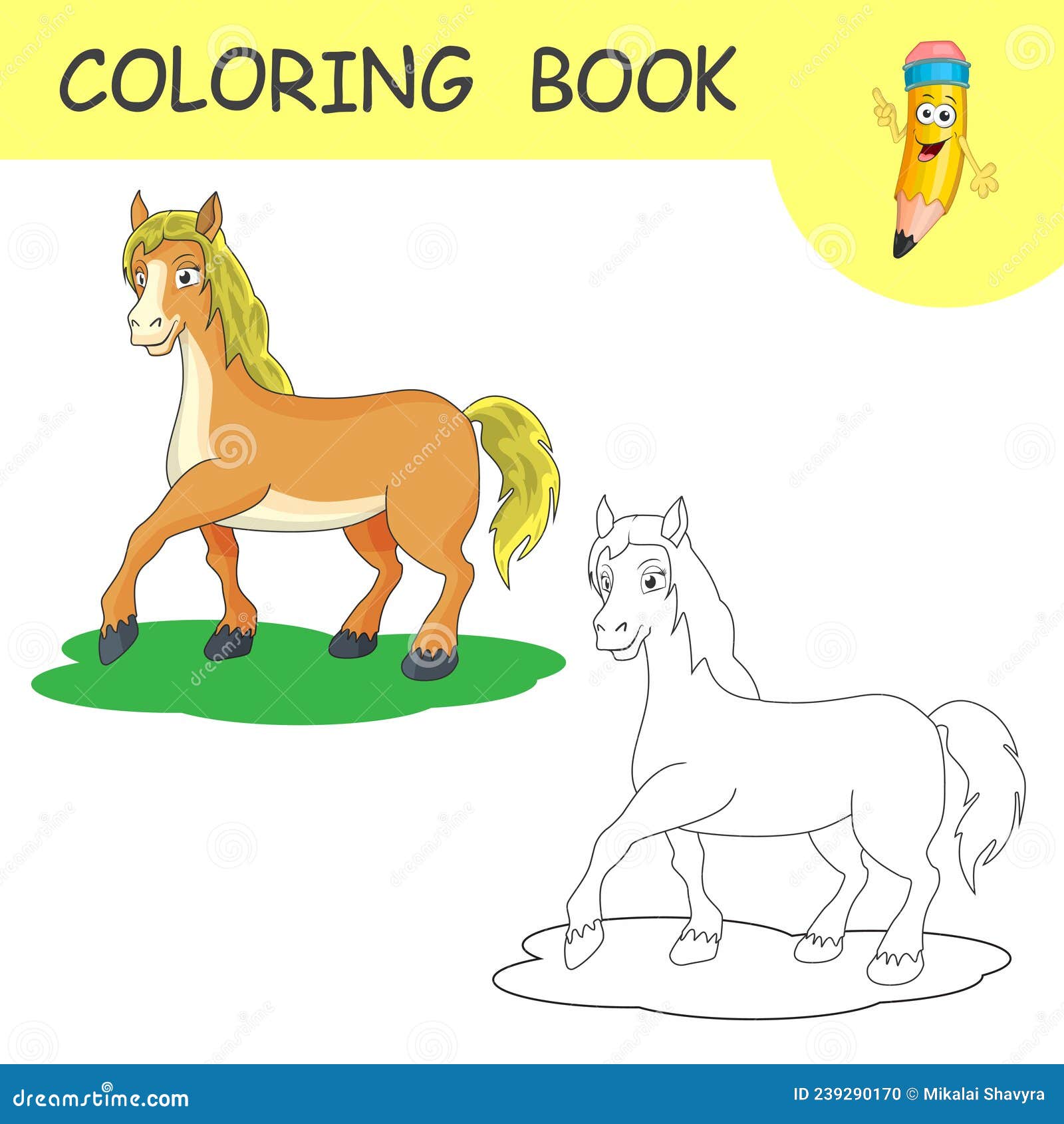 Coloring cute cartoon horse coloring book or page cartoon of funny horse for kids stock vector