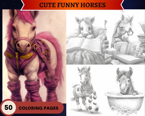 Secret life of sparklehooves the cute funny horse coloring pagesgrayscale coloring pages download grayscale illustrationprintable pdf