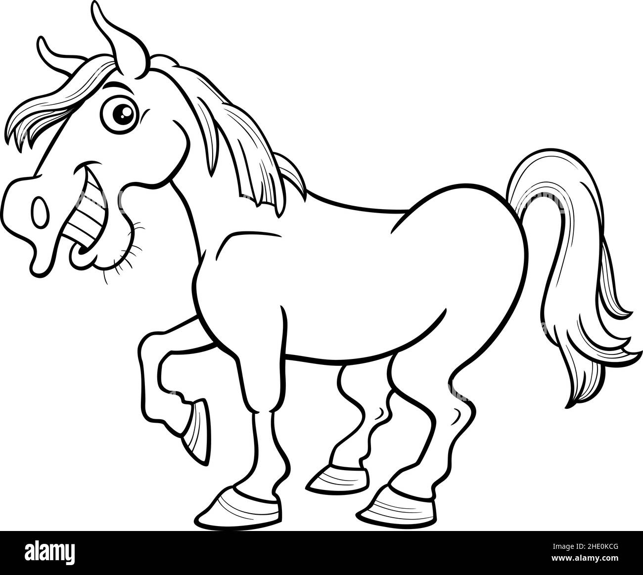 Black and white cartoon illustration of funny horse farm animal character coloring book page stock vector image art