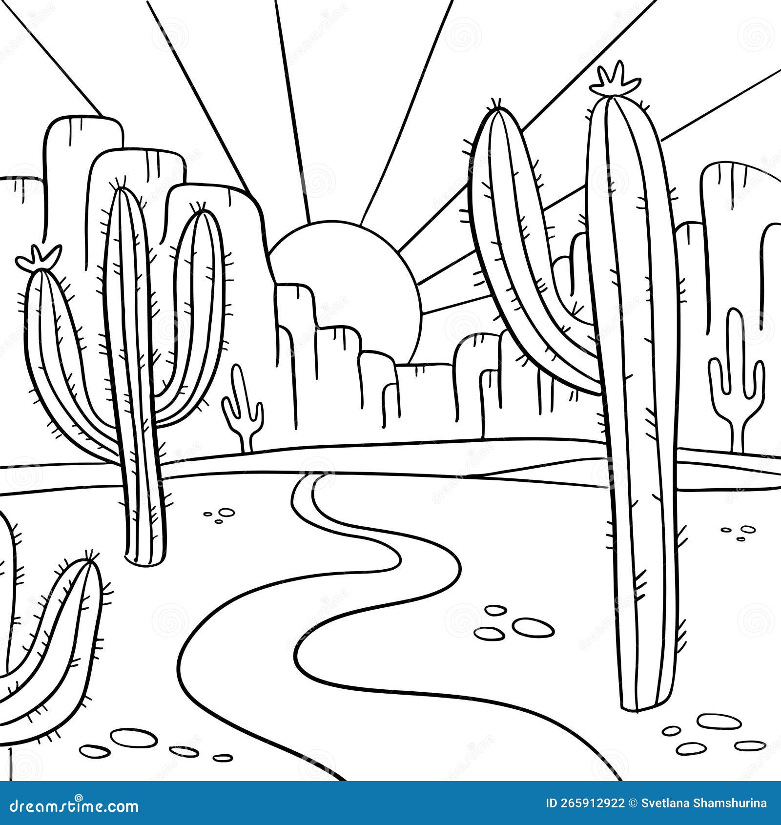 Coloring page with arizona desert landscape hand drawn black and white line desert with saguaro and opuntia blooming stock vector