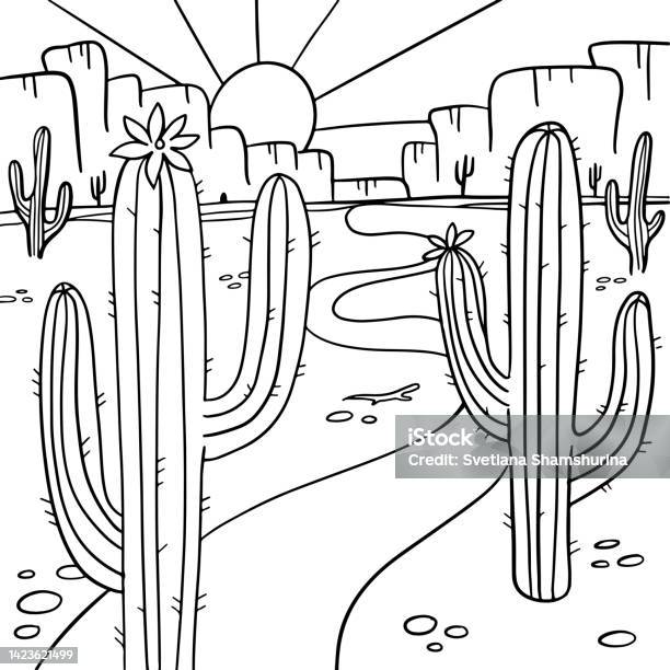 Coloring page with blooming cactus in the arizona desert coloring book antistress for children and adults