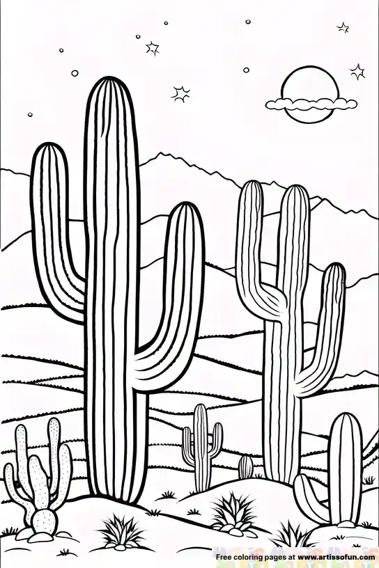 Cactus in desert coloring page art is so fun