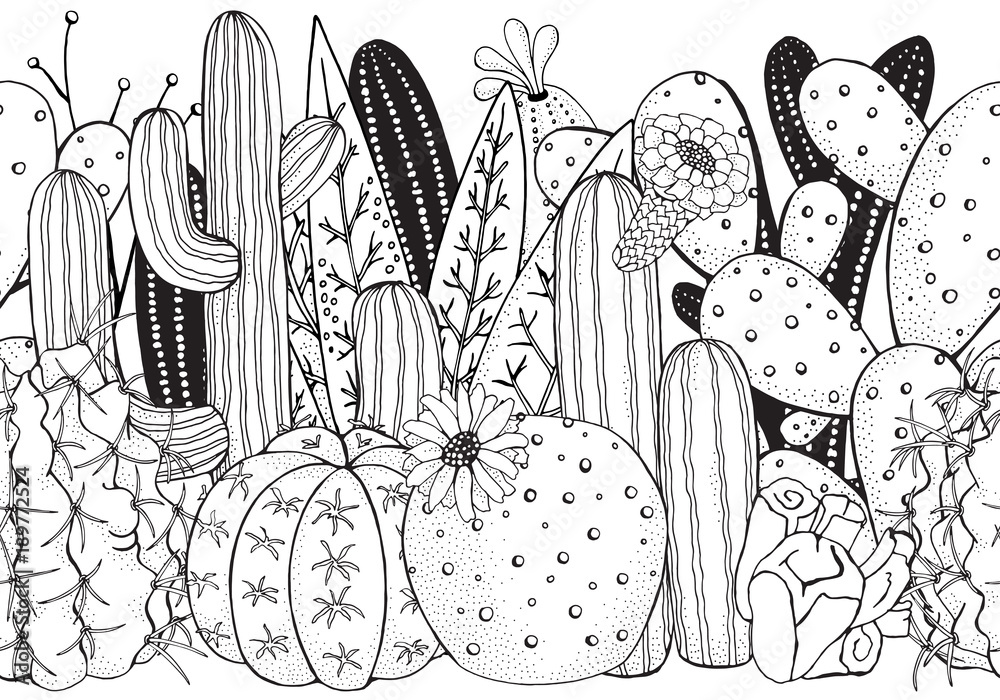 Black and white doodle seamless pattern with cactus prickly pear agave saguaro cactus flower vector