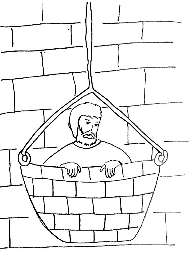 Bible story coloring page for saul paul escapes in a basket free bible stories for children