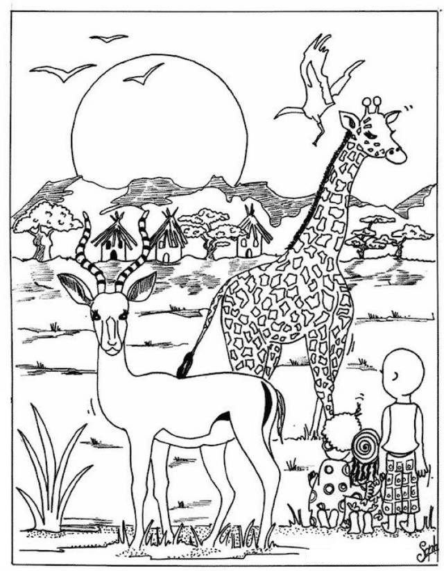 African animals with savana background coloring book animal coloring pages giraffe coloring pages zoo animal coloring pages