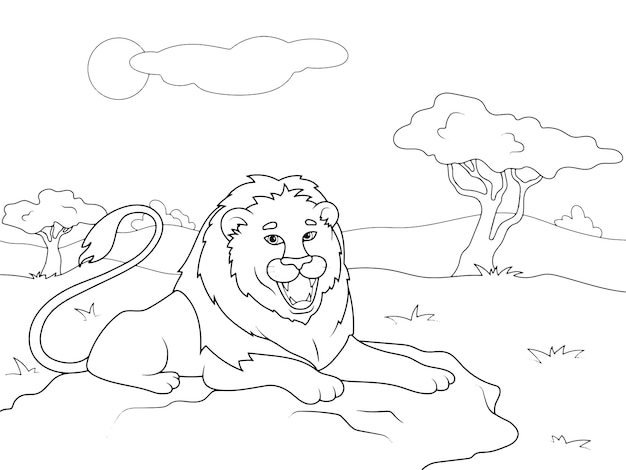 Premium vector large lion lies in the african savannah children coloring page full page ready for printing