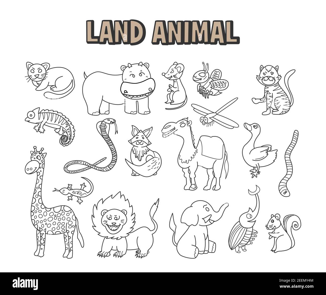 Set of element doodle line land animal coloring hand drawn page with cute savannah animals vector stock vector image art