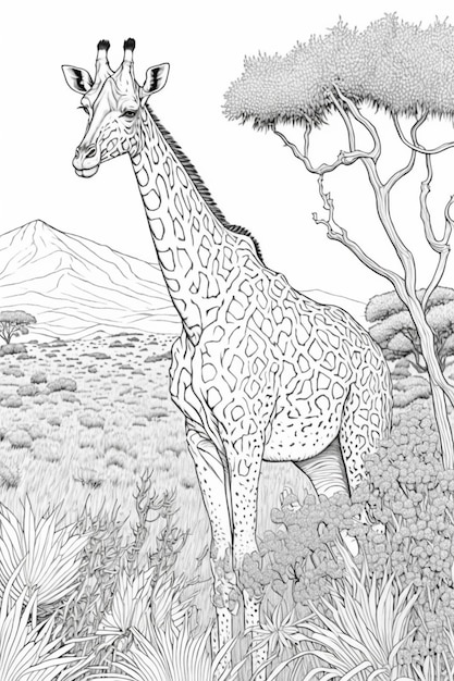 Premium ai image giraffe in the savannah coloring page