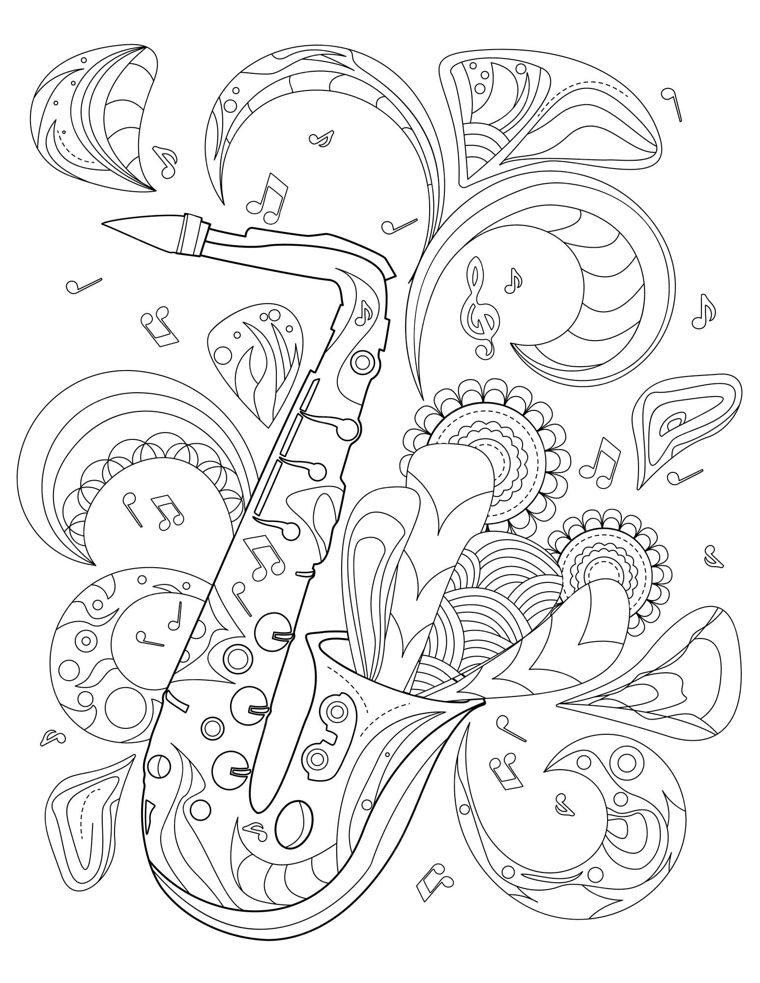 Premium vector sax instrument line drawing playing music with flowers ing out from it coloring book