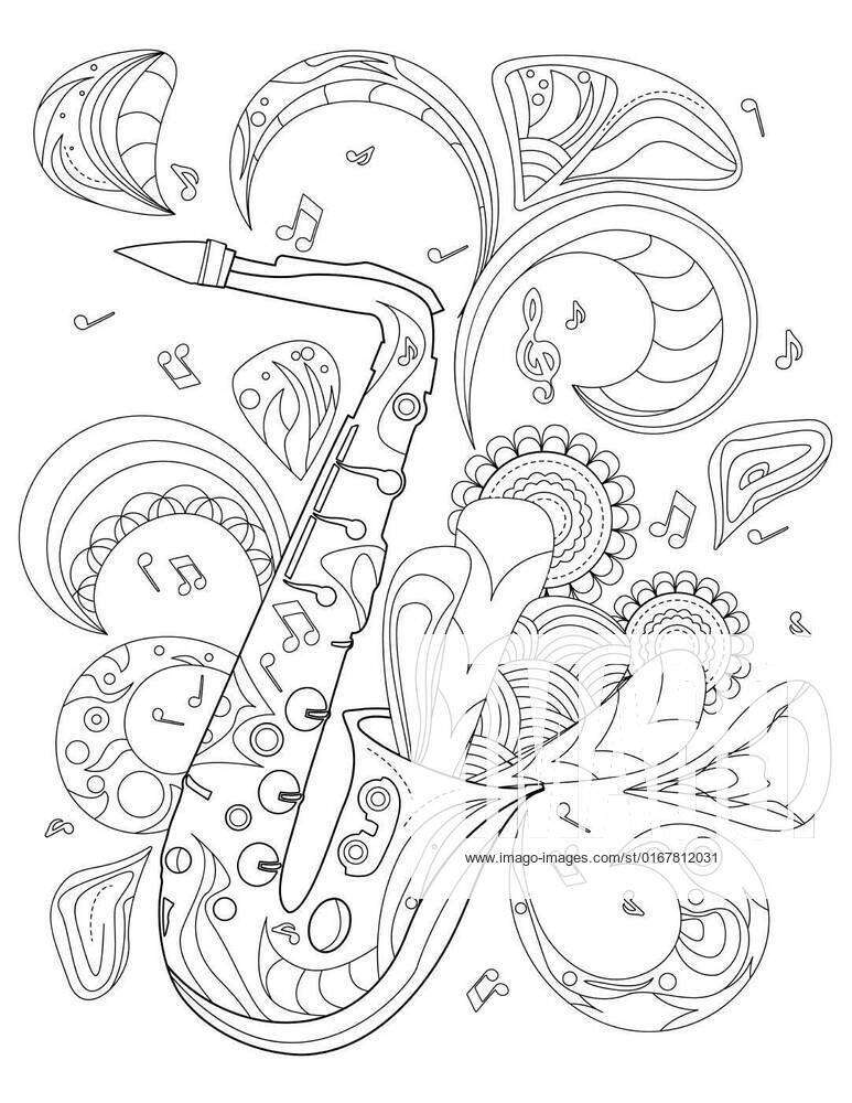 Sax instrument line drawing playing music with flowers coming out from it coloring book sax