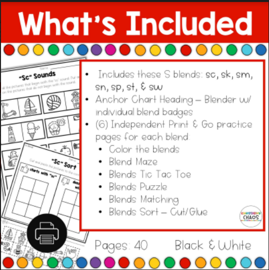 S blends no prep activities anchor chart print go