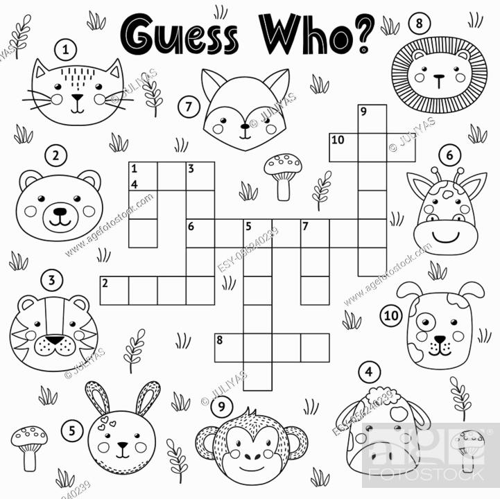 Guess who black and white crossword for kids coloring page with cute animals stock vector vector and low budget royalty free image pic esy