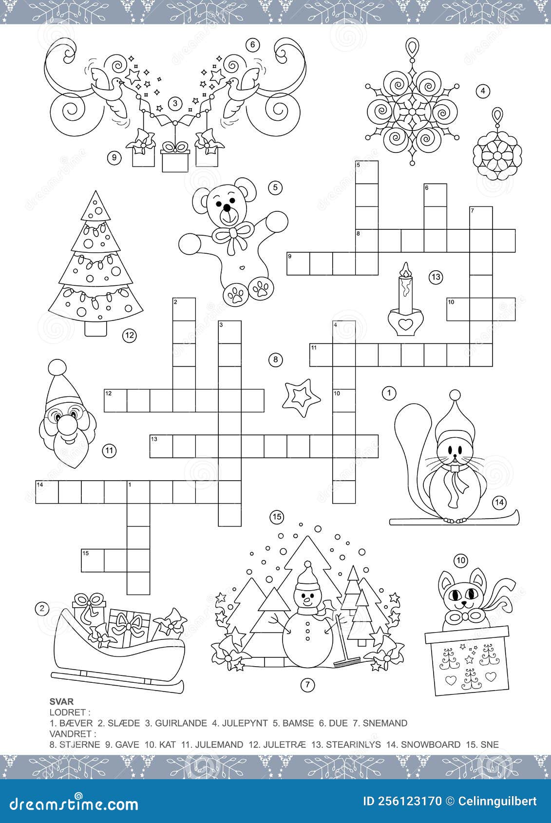 Christmas crossword in danish game and coloring page stock vector